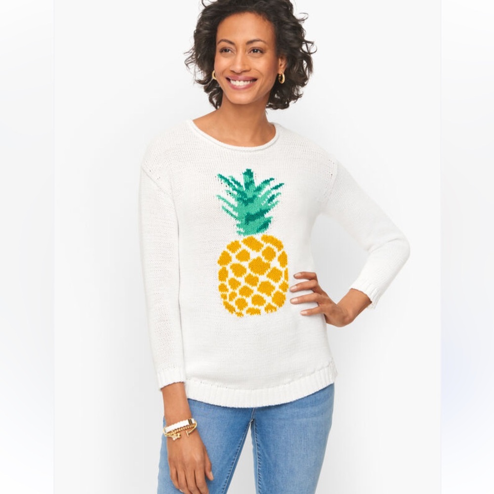 Talbots White Sweater with Pineapple Motif